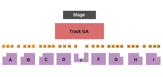Endstage - Track GA 2 Seating Chart at Lake County Fairgrounds. The chart shows the main floor/stage with seating options surrounding it, which are color coded